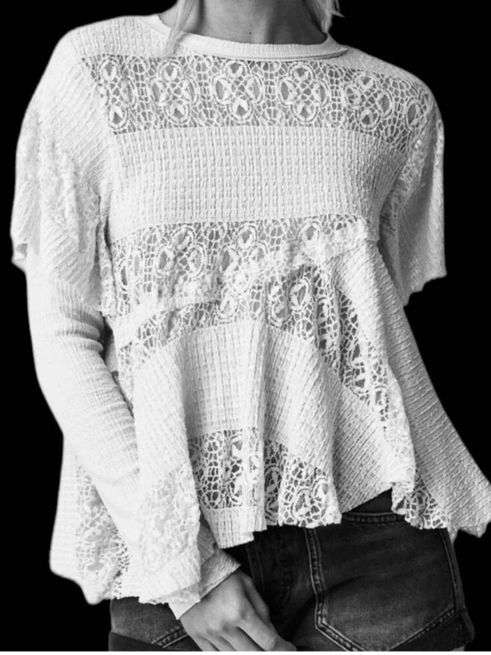 Free People Snowfall Boho Black Lace Asymmetric Whimsigoth Tunic Top Ruffle L